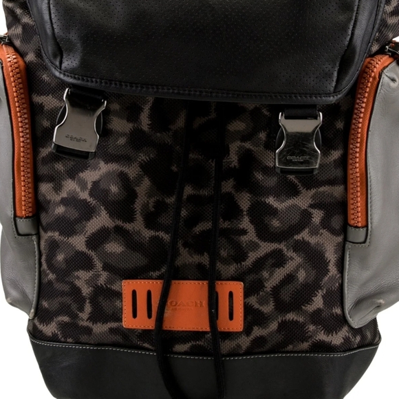 Coach Men's Backpack with Leopard Print and Orange Accents